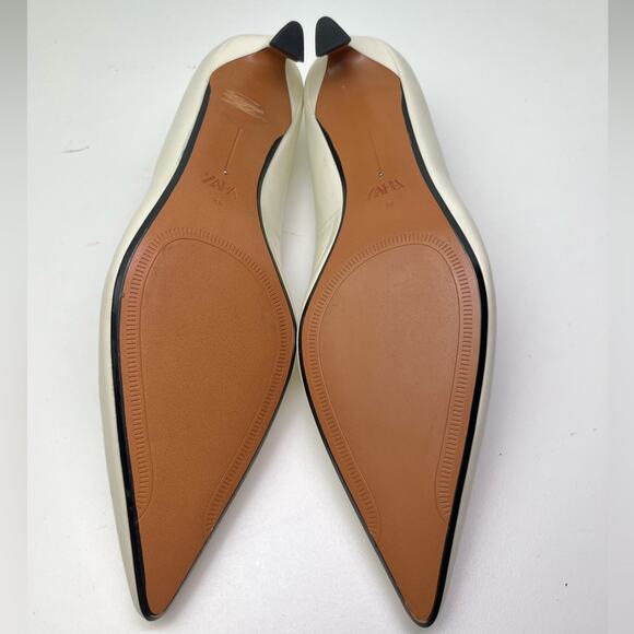 Zara Women's Metal Detail White Leather Kitten Heel Pointed Toe Shoes - Picture 8 of 11